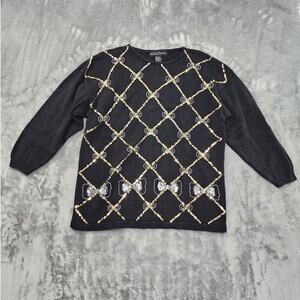 Vintage Work in Progress Sweater Womens L Black Gold Beaded Sequins Diamond Bows
